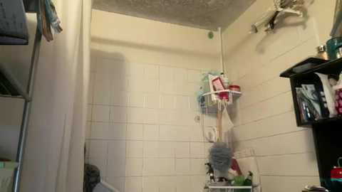 Video of a small, cluttered bathroom with white tiled walls, a shower with soap and shampoo bottles, a towel rack, and a dark wooden shelf with toiletries.