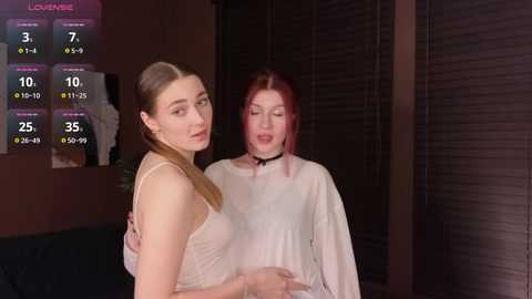 Video of two young women with pale skin and red hair, wearing white blouses. One has a slim build, the other is curvier. Background features a digital display showing temperature and weather.