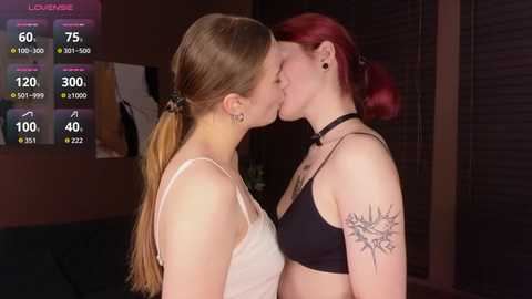 Video of two women passionately kissing, one with long blonde hair, the other with short red hair and tattoos, in a dimly lit room with a black couch and a TV screen showing stats.