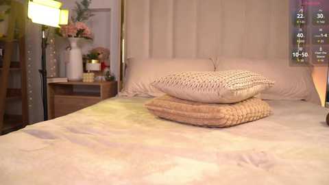 Video of a cozy bedroom with a beige bedspread, a stack of knit blankets, and a floral arrangement on a wooden nightstand.