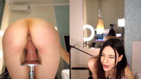 Video of a nude woman bent over, presenting her anus, with a large dildo inserted. Another image shows her in a studio with a ring light, smiling.