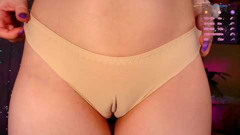 Video of a woman's torso, focusing on her tan-colored panties. The background features a dark, glittery outfit and a pink, lit-up sign with words.