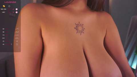 Video of a topless woman with large breasts, showcasing a small, intricate sun tattoo on her back. Background shows a dimly lit room with a partially visible bed.
