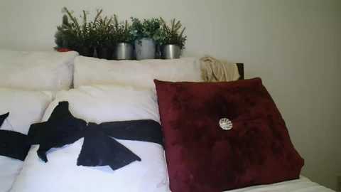 Video of a cozy bedroom featuring a white bed with plush pillows. A burgundy velvet pillow adorned with a metallic button is centered, while a black bow-decorated pillow rests on the left. A potted plant sits atop the headboard.