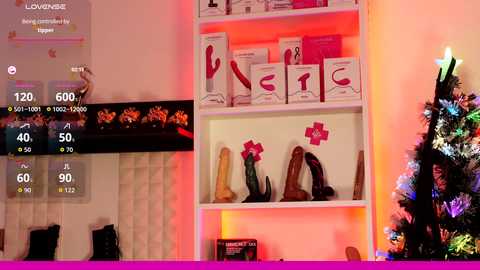 Video of a brightly lit room with a white shelf displaying a row of vibrators, a Christmas tree, and a thermometer showing 68\u00b0F.