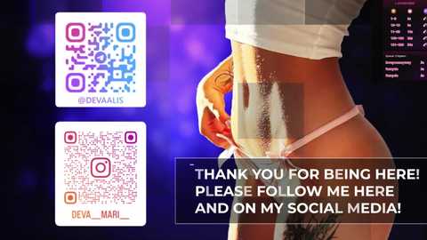 Video of a woman in a white top and pink thong, standing against a purple and blue gradient background. Overlayed text: \"Thank you for being here! Please follow me here and on my social media!\