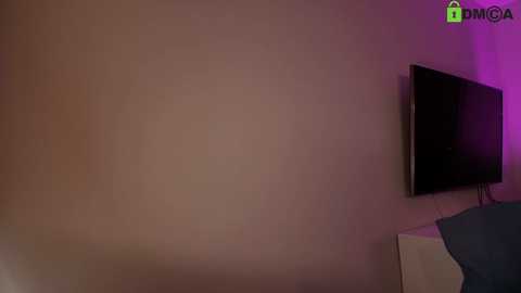 A video of a dimly lit room with a blank beige wall, a black flat-screen TV mounted on the right side, and a blue cloth draped over a piece of furniture.