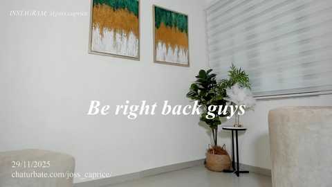 Video of a minimalist living room with white walls, a beige sofa, and a potted plant. Two abstract paintings with green and gold accents hang above. Text overlay reads, \"Be right back guys.\