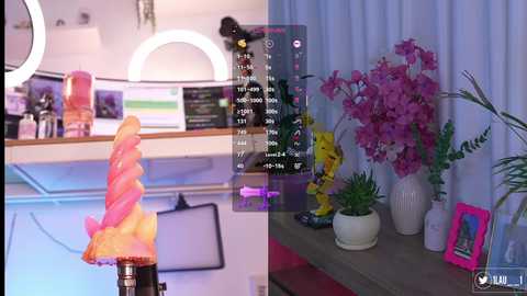 Video of a brightly lit makeup vanity with pink flowers, a pink candle, and a large, pink and orange lava lamp, alongside a colorful digital clock.