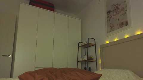 Video of a cozy, dimly lit bedroom with a cream-colored headboard, beige walls, a large white wardrobe, a wooden shelf with yellow fairy lights, and a red and black striped pillow on the bed.