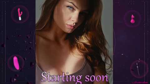 Video of a fair-skinned, brown-haired woman with blue eyes, wearing a gray tank top, in a sensual pose. Background features purple, circular, translucent images of sex toys. Text overlay reads \"Starting soon.\