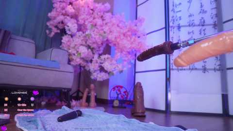 A video of a Japanese-style room with a large fake penis on a stand, pink cherry blossoms, and traditional paper screens, with a \"LOUNGE\" overlay.