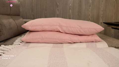 Video of a bed with two pink pillows on a white and beige striped blanket, against a wooden-paneled wall.