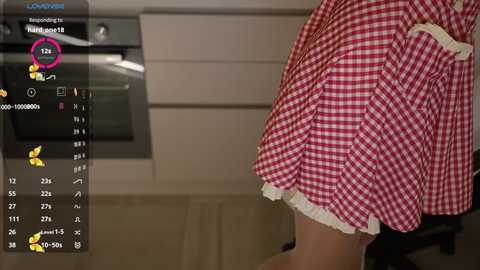 Video of a woman in a red and white checkered dress with white lace trim, standing in a modern kitchen with white cabinets and stainless steel appliances.