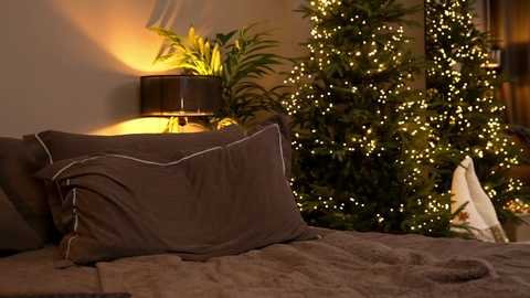 A cozy bedroom scene with a dark brown pillow on a bed, a lit Christmas tree with white lights, and a warm-lit lamp casting a soft glow.