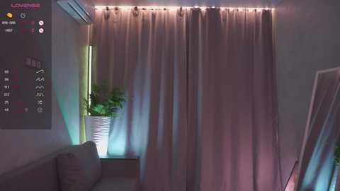 Video of a dimly lit room with beige curtains, a potted plant on a window sill, a gray sofa, and a digital clock displaying \"22:00\" on the left wall.