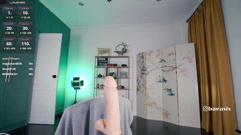 Video of a VR setup with a large, lifelike pink dildo on a table, against a backdrop of a green wall, a white door, and a beige curtain.