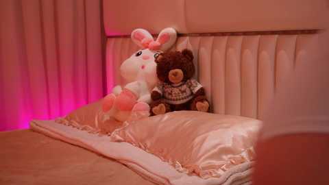 Video of a plush bunny and teddy bear on a tufted pink bed with a beige blanket, soft pink light, and drapes in a cozy bedroom setting.