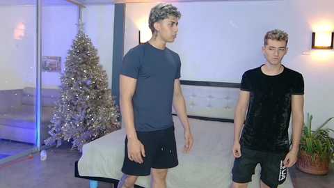 Video of two young men in workout clothes standing in a modern bedroom with a lit Christmas tree and potted plants.