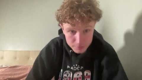 Media: A video of a young, fair-skinned, curly-haired boy with a serious expression wearing a black hoodie with a graphic design. He is indoors, in a room with beige walls and a bed with a brown blanket.