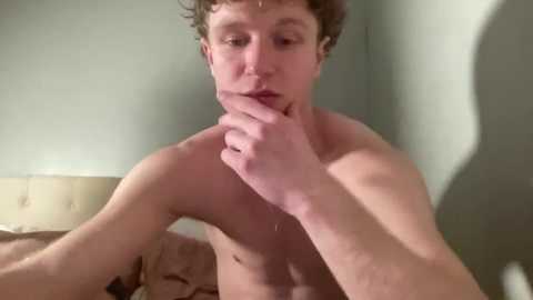Media: Video of a shirtless, fair-skinned, curly-haired young man with a contemplative expression, hand on chin, in a dimly lit, beige room with a blurred, shadowy figure in the background.