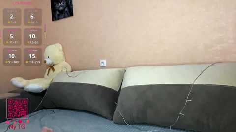 Video of a beige sofa with grey and white pillows, featuring a large, fluffy white teddy bear and a tangled headphone cord.