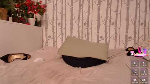 A video of a messy bedroom with beige walls and a floral wallpaper. A black pillow is on the bed, surrounded by scattered shoes and clothes.