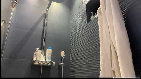 A video of a sleek, modern bathroom with a dark gray tiled wall and a white towel hanging on a black rack. The shower has a silver rain showerhead and a shelf with shampoo bottles.