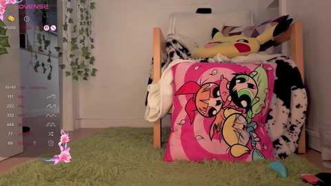Video of a messy bedroom with Pikachu plushies on a bed, pink bedspread, and scattered toys on a green shag rug.