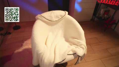 Video of a cozy, white, plush cat bed with a gray cushion and black trim, placed on a wooden floor in a dimly lit room.