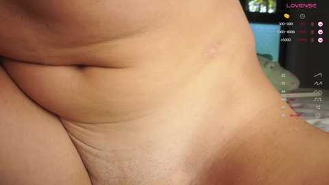 Close-up video of a woman's bare, light-skinned abdomen and pubic area, showing natural skin texture and slight body hair. Background includes a blurred, colorful room with a TV screen displaying a live stream label.