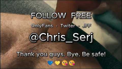 A close-up video of a person's hand touching a hairy, light-skinned forearm. Text overlays read \"Follow Free @OnlyFans-Twitter-JF,\" \"Chris-Seri,\" and \"Thank you guys. Bye, Be safe!\" with emoji hearts and smiley faces.