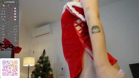 Video of a light-skinned person wearing a revealing, red, Santa-themed dress with white fur trim, standing next to a decorated Christmas tree in a modern room with white walls.