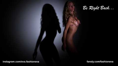 A dramatic, black-and-white video of a nude, slender woman with long hair, her shadow cast on a dark background. Text reads, \"Be Right Back...\" and \"fansonly.com/fashionshoweva.\