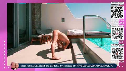 A video of a nude man performing a yoga pose by a poolside. The image has a watermark and promotional text for a Patreon video.
