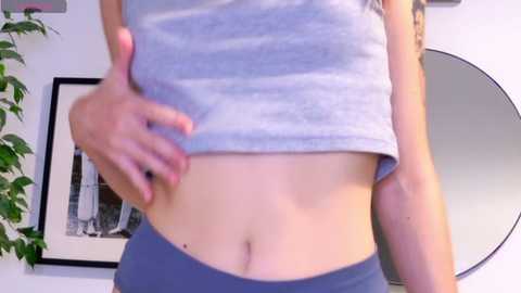 Video of a light-skinned woman lifting her grey crop top, exposing her flat stomach and midriff, wearing grey leggings. Background features a green plant and a framed cityscape artwork on a white wall.