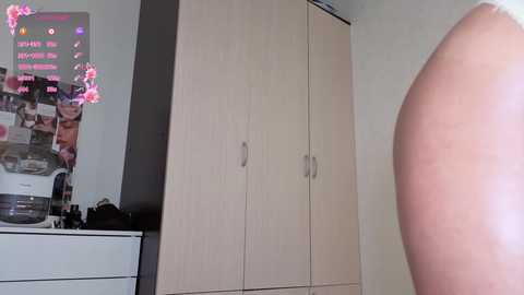 Video of a light-skinned man's bare back, facing a wall with a TV showing a pink and purple screen. Light-colored wooden closet doors and a white dresser with a black top are visible.