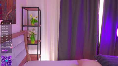 Video of a modern, minimalist bedroom with white walls, black curtains, a wooden bed, a glass shelf with yellow tulips, and purple lighting.