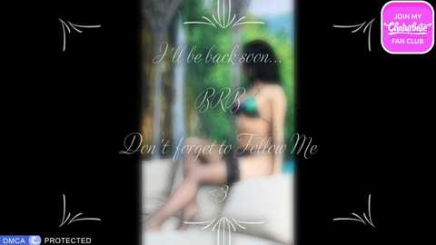 A blurred video of a woman with dark hair, wearing lingerie, sitting on a bed. Text reads, \"I'm backing down... Don't forget to follow me.\" Background features a colorful, tropical scene.