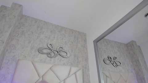 A video of a modern bathroom wall featuring a decorative wall sconce with intertwined metal designs, mounted above a cream-colored, tufted leather headboard, and a large mirror reflecting the room's elegant marble texture.