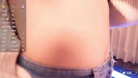 Video of a woman's bare stomach, wearing low-rise jeans, with a blurred background. A digital overlay shows temperature readings and a \"DO NOT DISTURB\" notification.