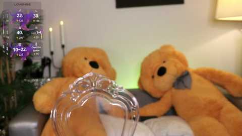 A video shows two large, plush brown teddy bears with grey bows on a grey couch. A glass of water and a white pillow are in the foreground.
