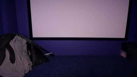 Video of a dimly lit room with a large, white projection screen on the wall. A black, folding chair and a pile of clothes are in the foreground. The room's walls are painted dark purple, creating a moody atmosphere.