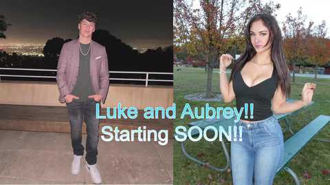 Video montage: young, attractive couple, man in casual clothes, woman in tight, revealing black top, both smiling, \"Like and Aubrey!! Starting SOON!!\" text overlay.