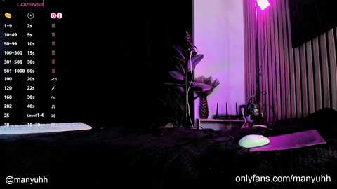 A dimly lit, high-tech room with a large screen displaying a live stream, featuring a green mouse and a plant in the foreground.