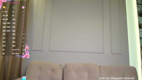 Video of a beige sofa with a light grey wall featuring decorative molding and floral overlay. A smartphone screen captures the scene, showing a username and timestamp.