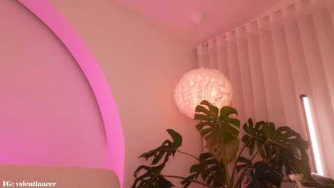 Video of a modern, dimly lit room with a large, spherical, crystal chandelier, pink lighting on the wall, and lush green Monstera plants.