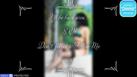 A digitally blurred video of a woman with short dark hair, wearing a bikini, against a green background, with text overlay \"I'm back soon... Don't forget to follow me.\