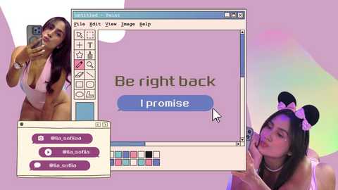 Video of a young woman with long dark hair, wearing a revealing pink bikini, taking a selfie in front of a computer screen displaying a text prompt, \"Be right back. I promise.\" Background includes a pastel color gradient and a smaller inset photo of her in a Minnie Mouse outfit.