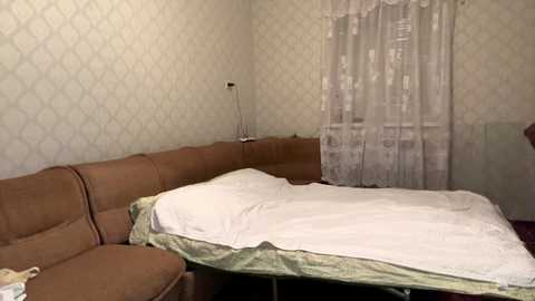 Video of a small, dimly lit bedroom with a brown L-shaped couch, a white bed with a white comforter, and patterned wallpaper. A sheer curtain covers a window, letting in soft light.